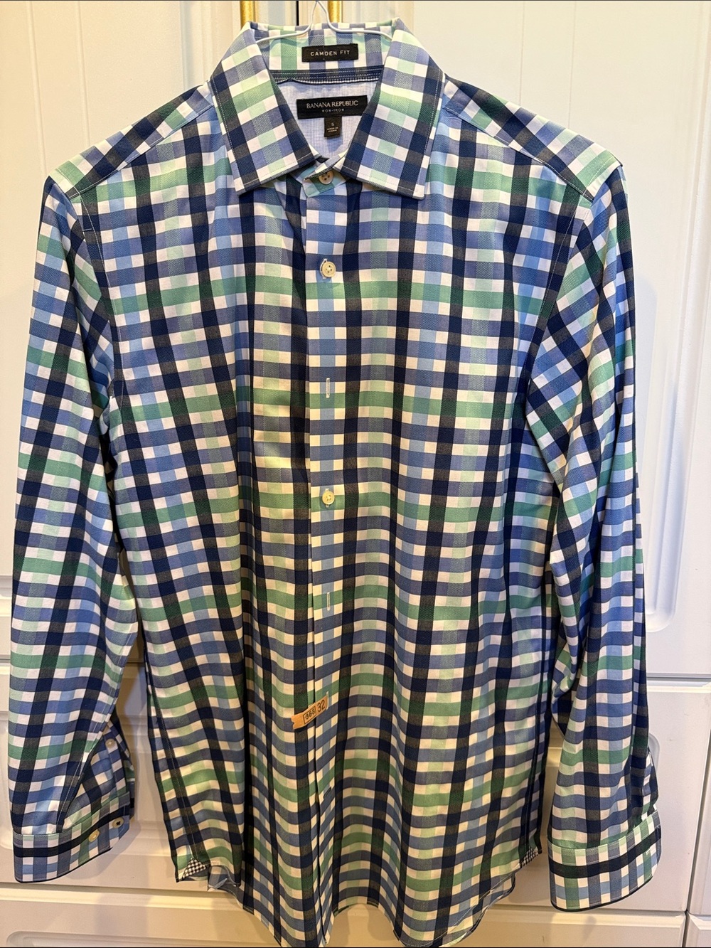 Banana Republic Men's Blue, Green & White Checked Cotton Shirt